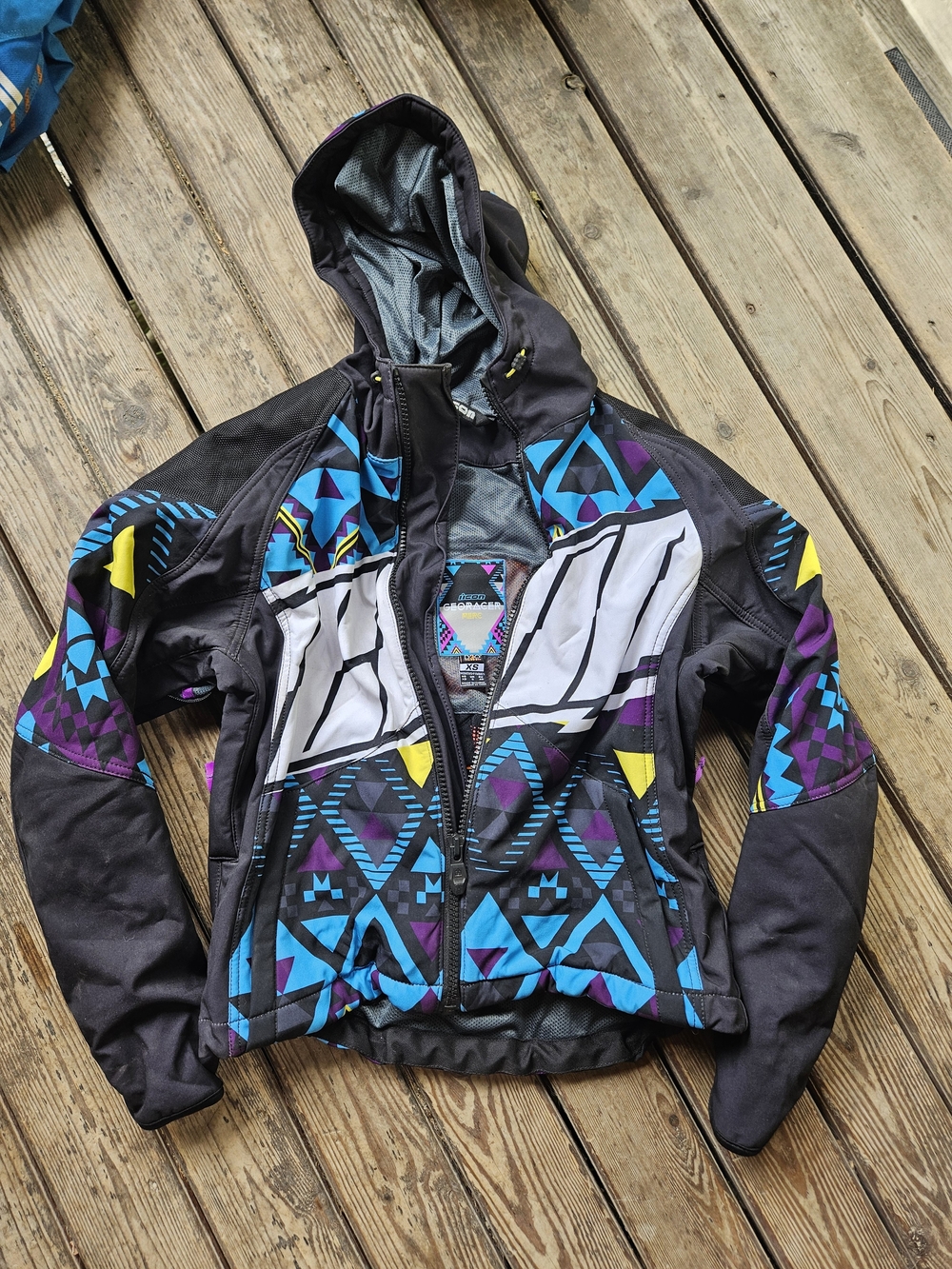 ICON Women's Black Geometric Utility Jacket with Blue Purple Yellow Accents